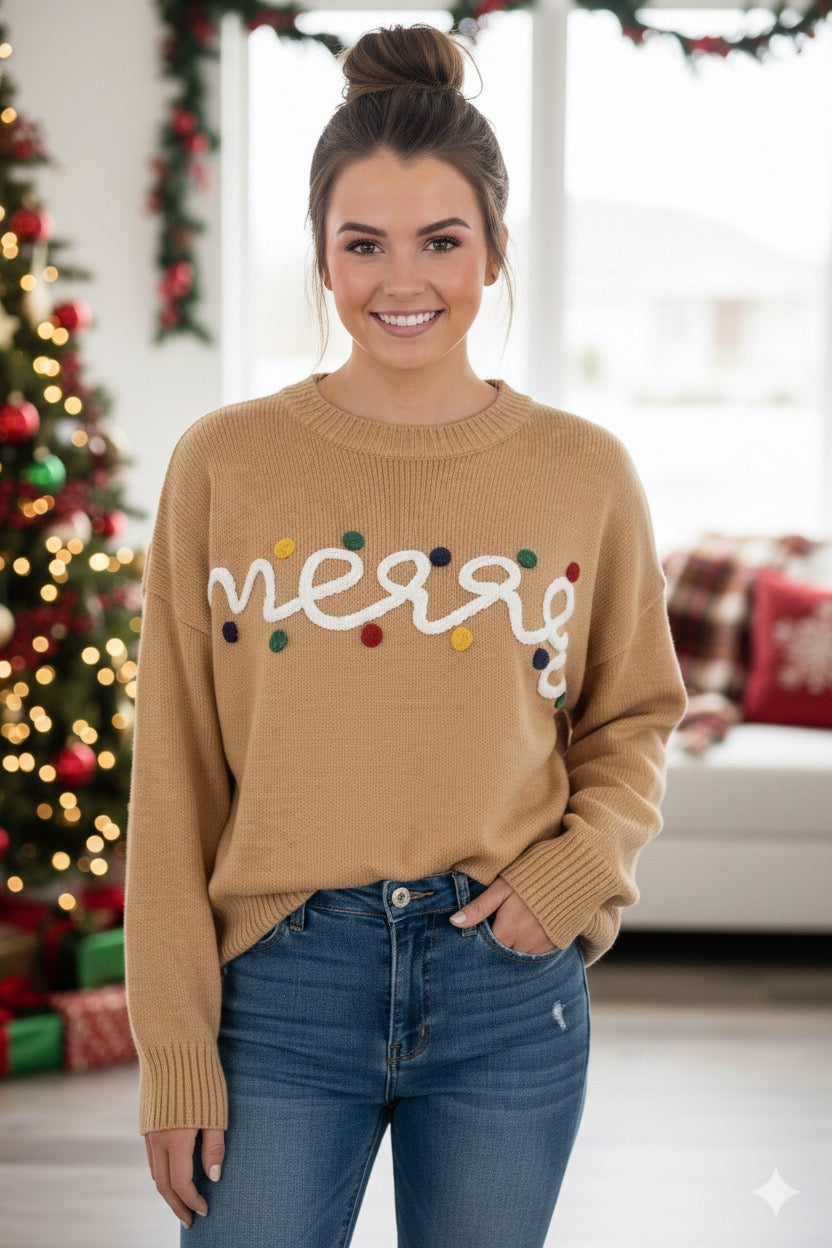 Merry Holiday Sweater In Tan